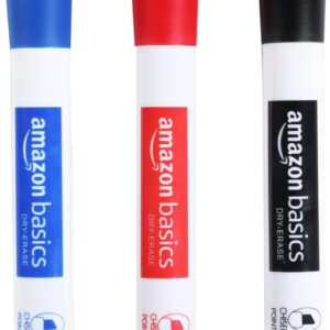 Amazon Basics Dry Erase Markers For Whiteboards, Chisel Tip, Low-Odor, Black, Red, Blue, Pack of 3