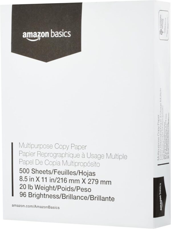 Amazon Basics Multipurpose Copy Printer Paper, 20 Pound, White, 96 Brightness, 8.5 x 11 Inch, 1 Ream , 500 Sheets Total