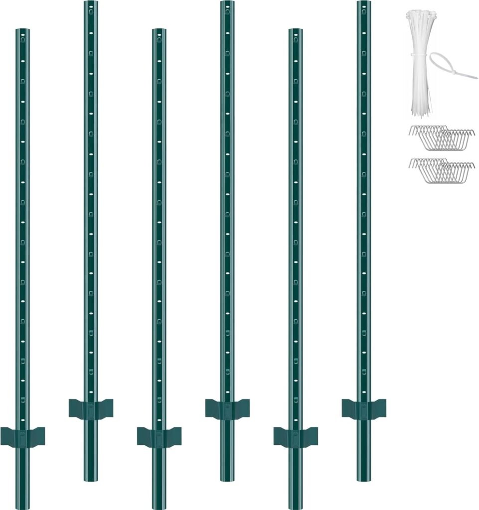 VEVOR 6 Feet U-Channel Metal Fence Post, 6 Pack With 24 Zip Ties & 12 Clips, Sturdy Steel Stakes for Garden Yard, Lawn,
