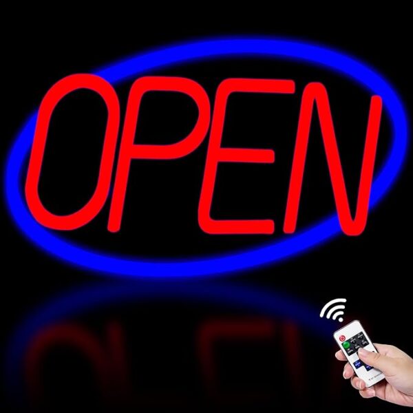 Led Open Signs for Business - 24" x 12" Ultra Bright Large Neon Open Sign with Remote Control, 8 Modes, Adjustable Brightness and Flashing Speed, 12 V / 2 A Power Supply (Ellipsoid)