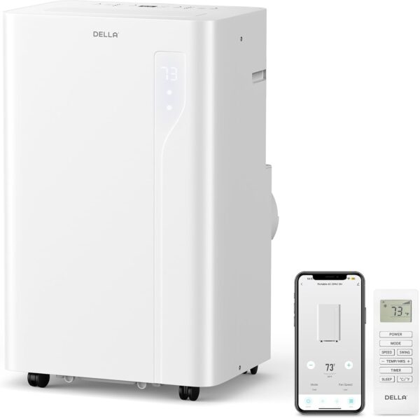 DELLA 14,000 BTU Portable Air Conditioner with Heat Pump, Compatible with Alexa and WiFi, Cools Up To 400 Sq.Ft, Geo Fencing, Auto Swing, 3 Fan Speeds, Dehumidifier, with Remote Control & Window Kit