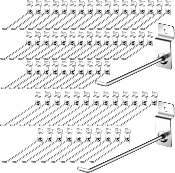Moxweyeni 100 Pack Slatwall Hooks, 6 and 8 Inch Slatwall Accessories, Metal Panel Wall Hooks Pegs Hanging Hangers Thickness Silver Slat Pegs for Garage Shop Retail Display