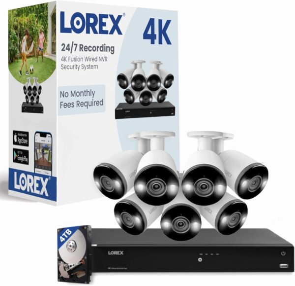 Lorex 4K 16 Channel (16 Wired or 16 Fusion) NVR System | 7 White Bullet IP PoE Security Cameras | Color Night Vision | Smart Motion Detection | 2-Way Talk | 4TB Storage Local | No Monthly Fee